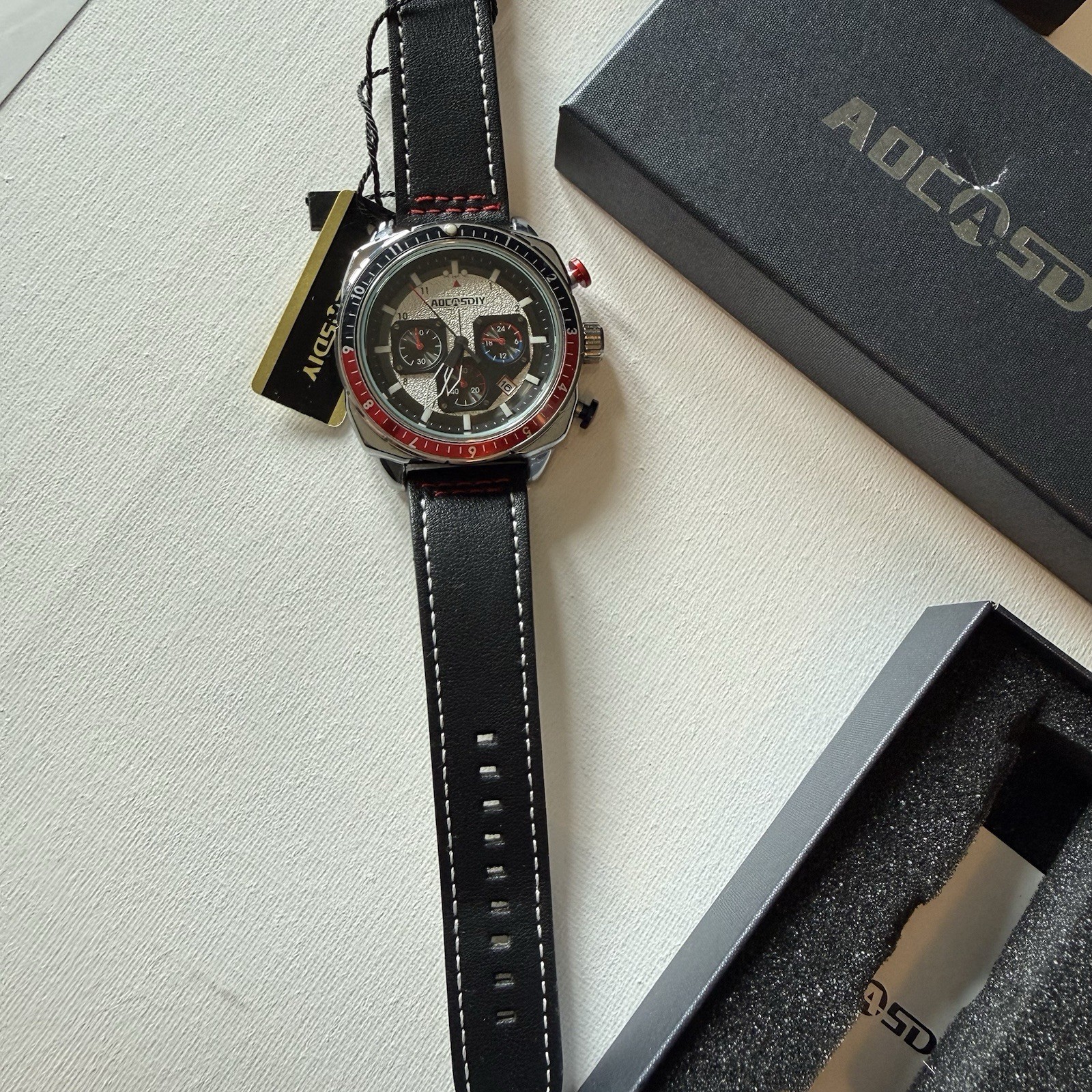 SALE ,AOCASDIY Chronograph date classic design, black and red bezel,45mm,WR30￼