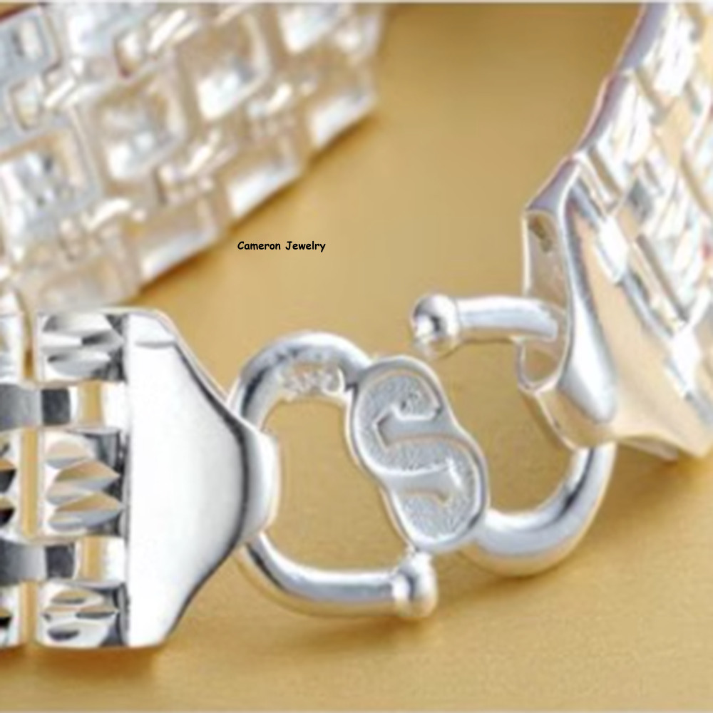 Pure S990 Silver Bangle Men 15mm Full Star Square Watch Bracelet 7.1-8.7inch L