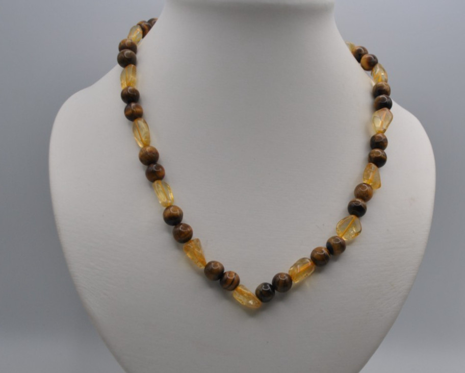Tiger Eye Round with Citrine Nuggets Smooth Cut Necklace