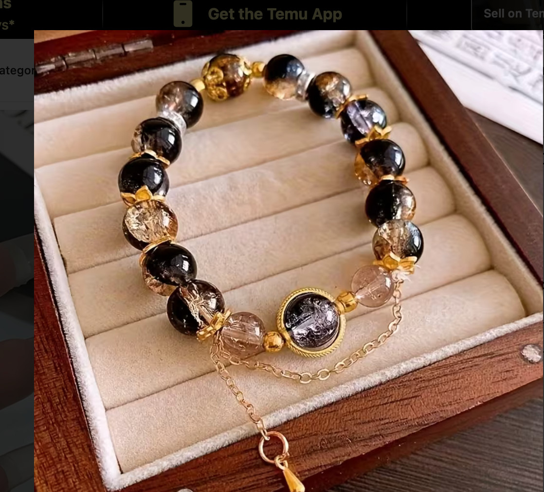 Black & Gold Phantom Quartz Bracelet 10mm Gemstone Beads Adjustable 16cm