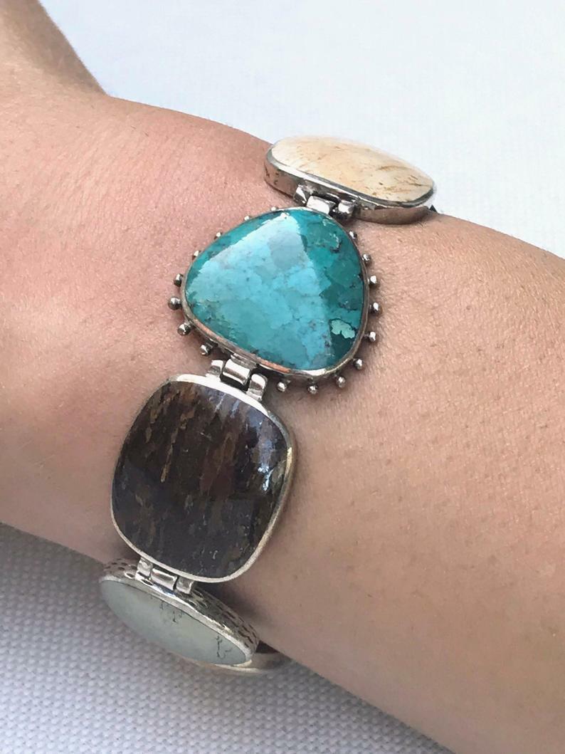 Silpada Pyrite Turquoise Bronzite Jasper 925 Sterling Silver Bracelet B1934 CUTE