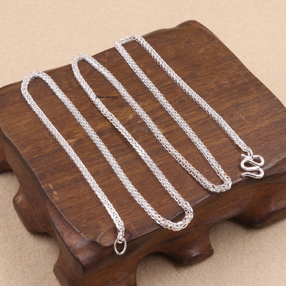 Real S999 Fine Silver Necklace 1.8mm Wheat Link Chain for Women 17.7inch