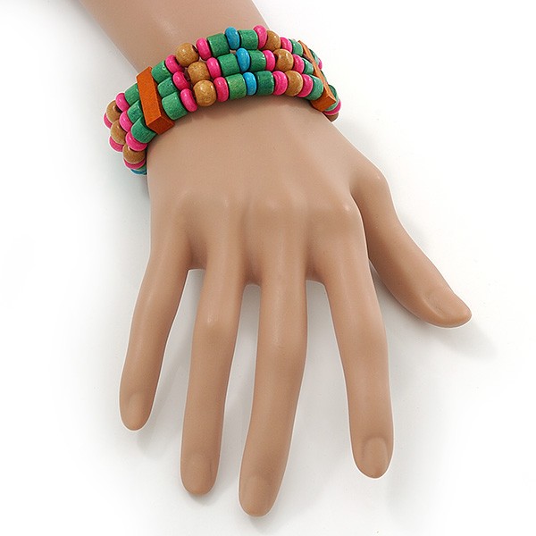 Multicoloured Wood Bead Flex Bracelet – 18cm Length