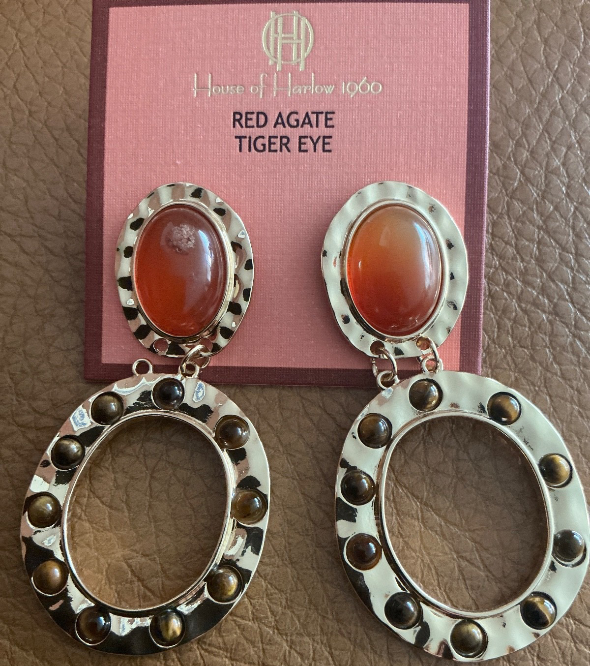 House of Harlow 1960 Red Agate Tiger Eye Gold Tone 2.5” Drop hoop Earrings NWT