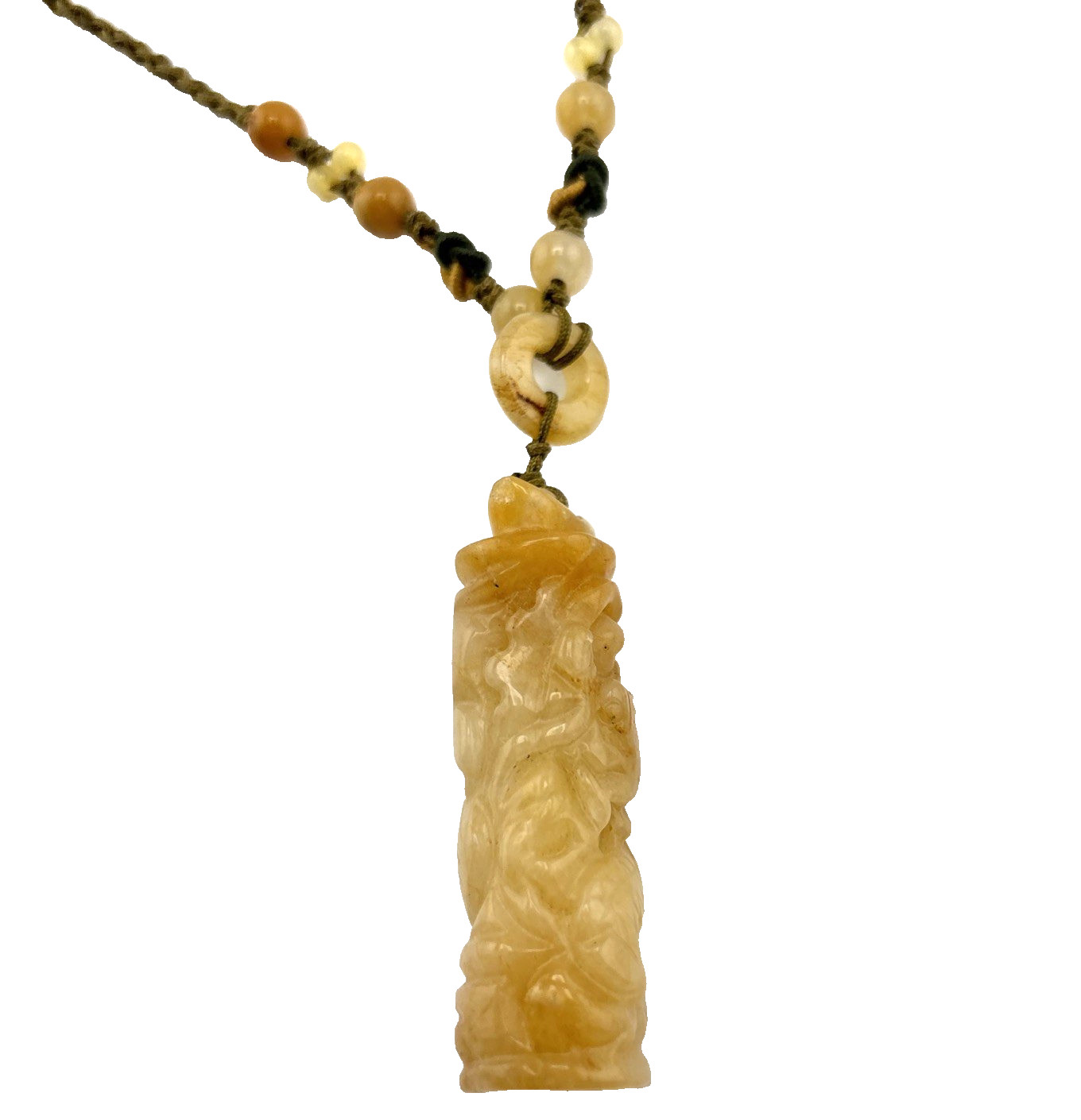 Macrame Genuine Carved Yellow Jadeite Necklace Adjustable Slide Knot 2″ Pendent