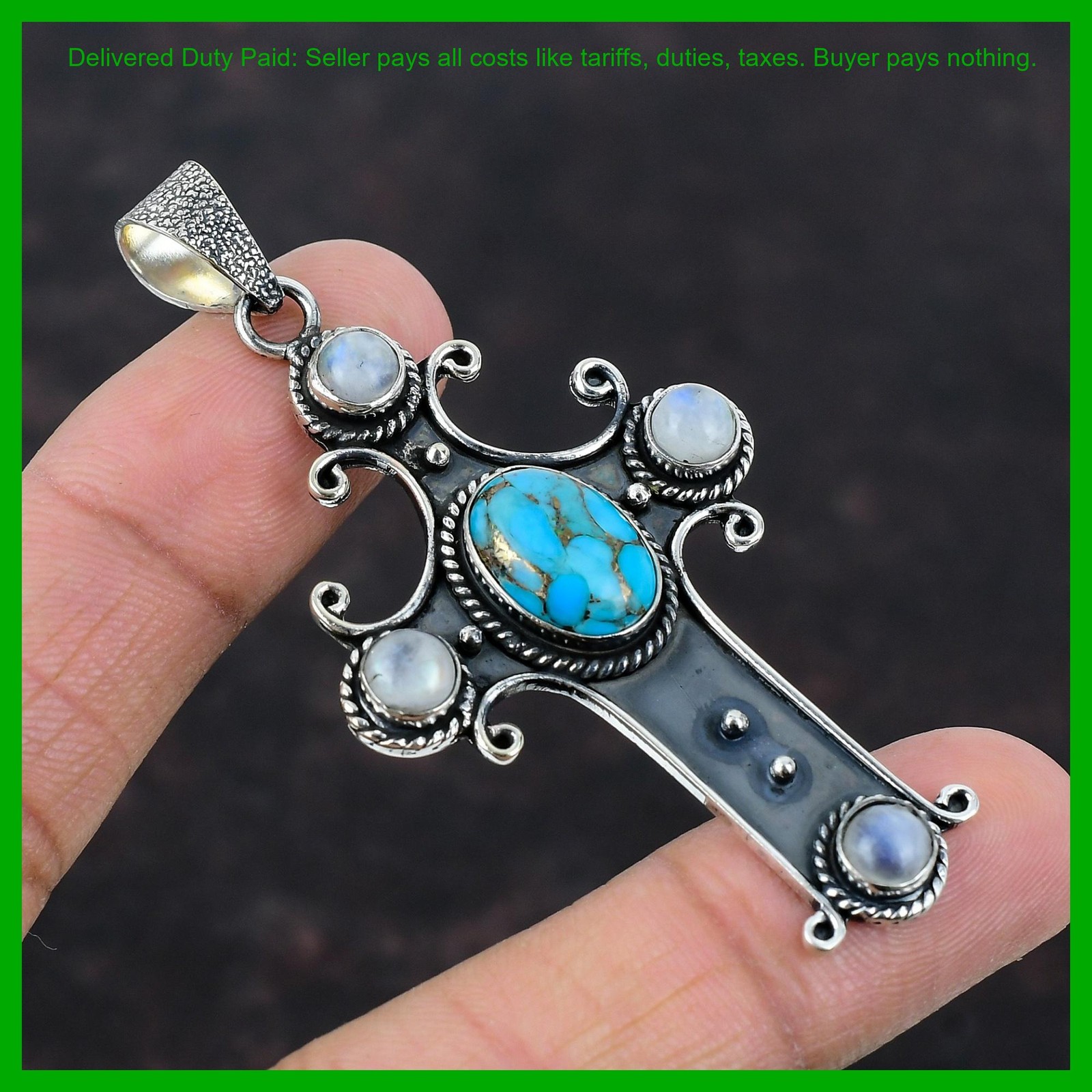 Oval Copper Blue Turquoise Gemstone 925 Sterling Silver Wedding Pendant Jewelry