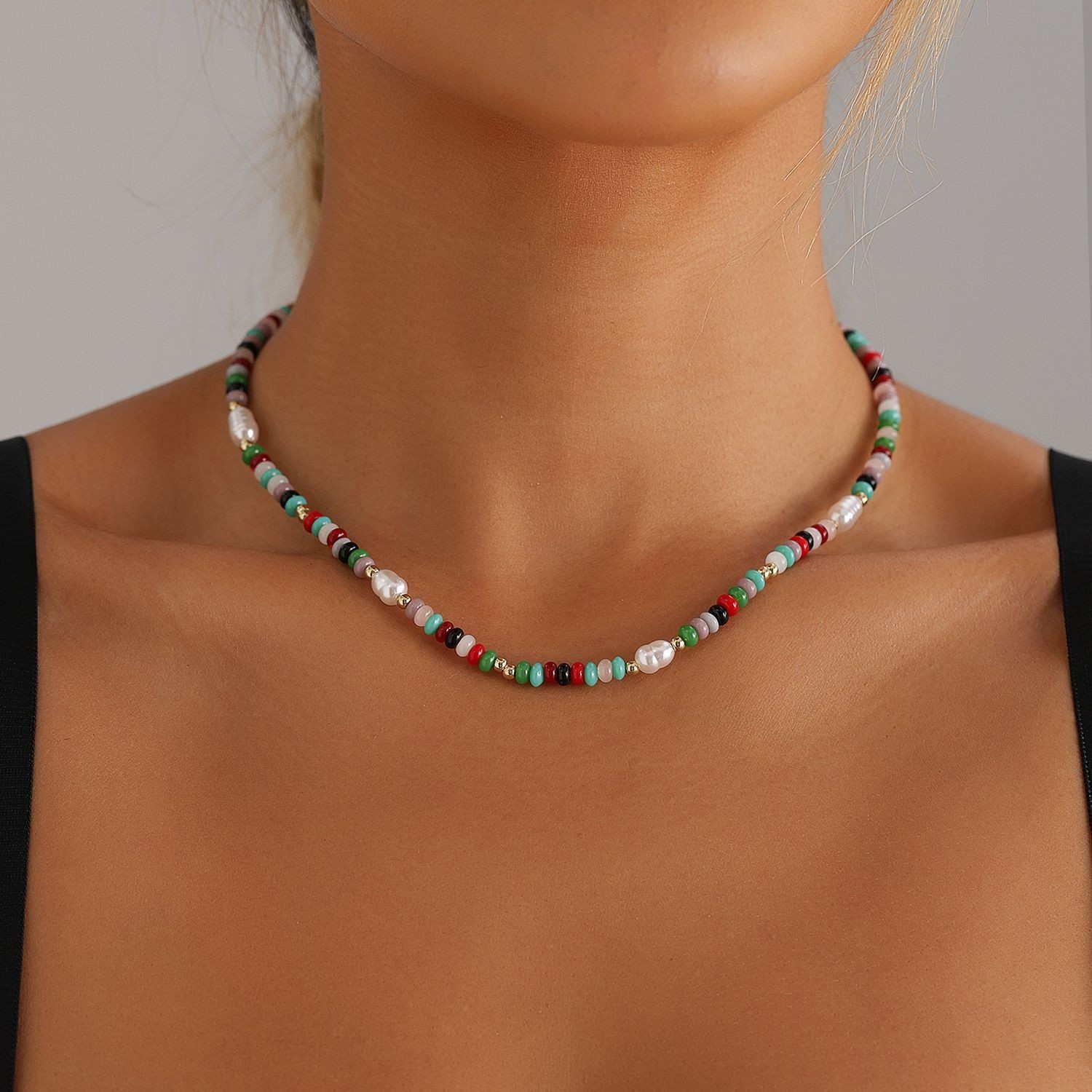 Faux Pearl Seed Bead Choker Necklace Women Girls Colorful Dopamine Jewelry