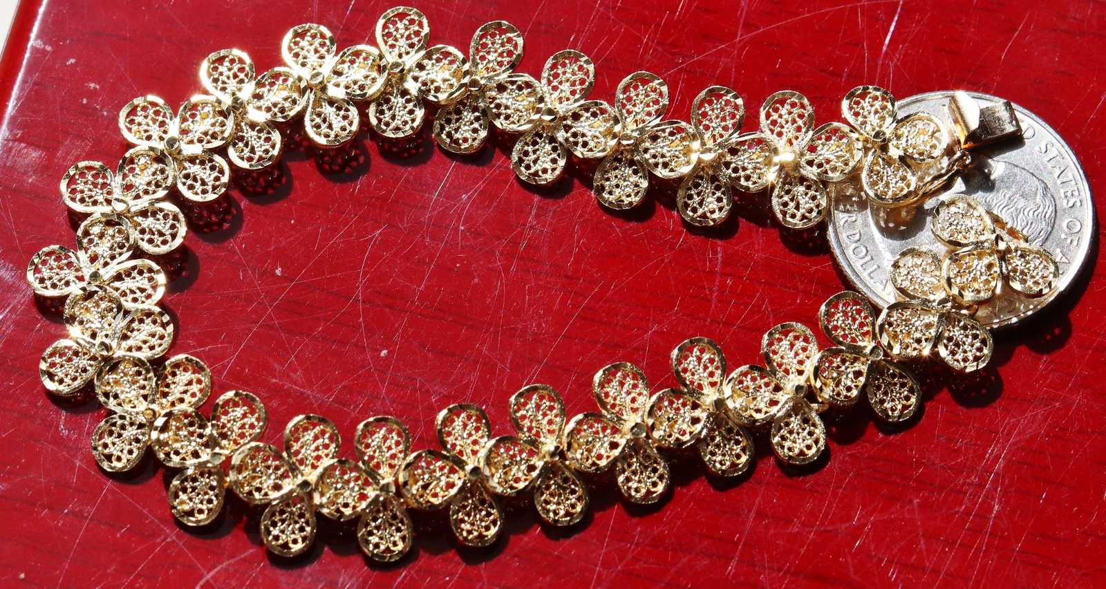 14k yellow gold bracelet 7.25″ diamond cut flower link chain handmade 15.7g N307