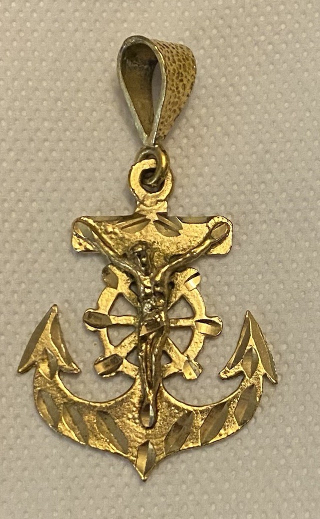 Religious Naval Crucifix Jesus Anchor Medal Pendant Vintage Goldtone Jewelry