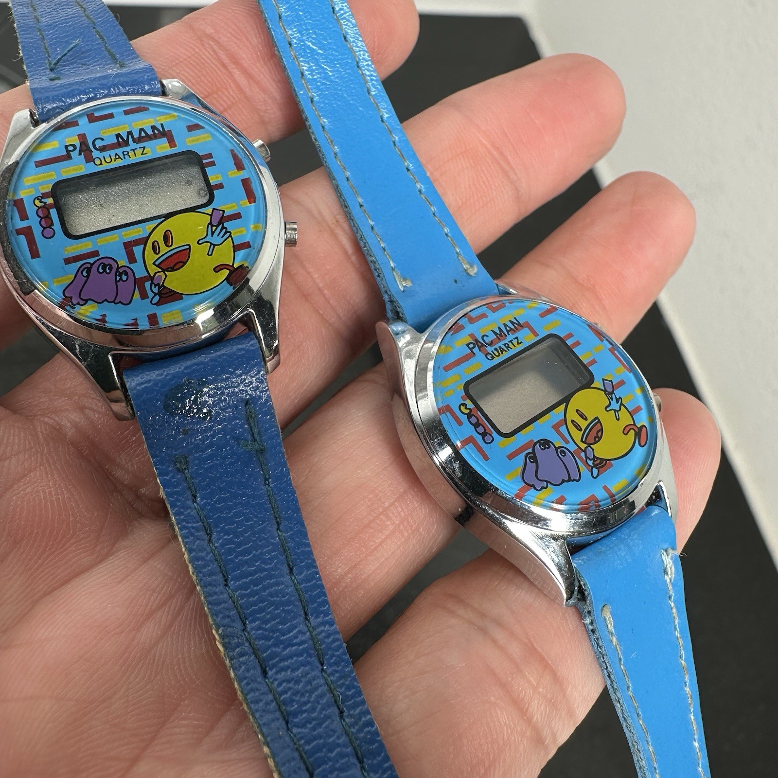 2 Pac-Man Digital Watches Vintage 80s 90s Hong Kong Kids Blue Band Rare Untested
