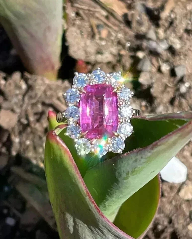 4Ct Cushion Cut Lab Created Pink Sapphire Wedding Ring In 14k White Gold Finish