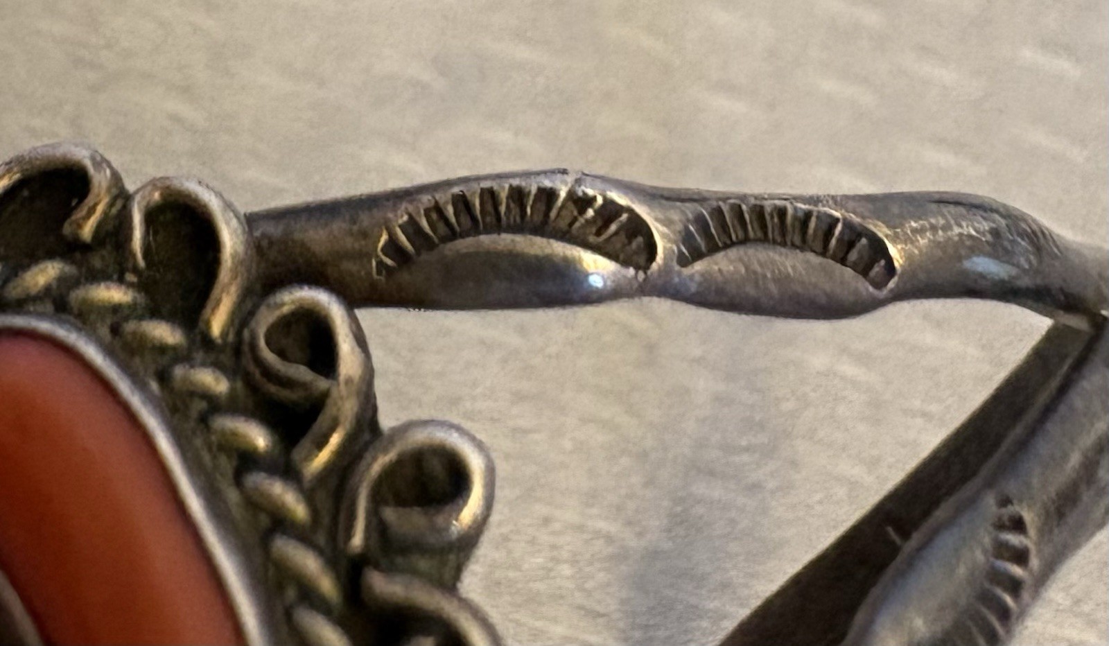 Vintage Navajo Sterling Silver Red Coral Cuff Stampwork Signed JJJ Bracelet READ