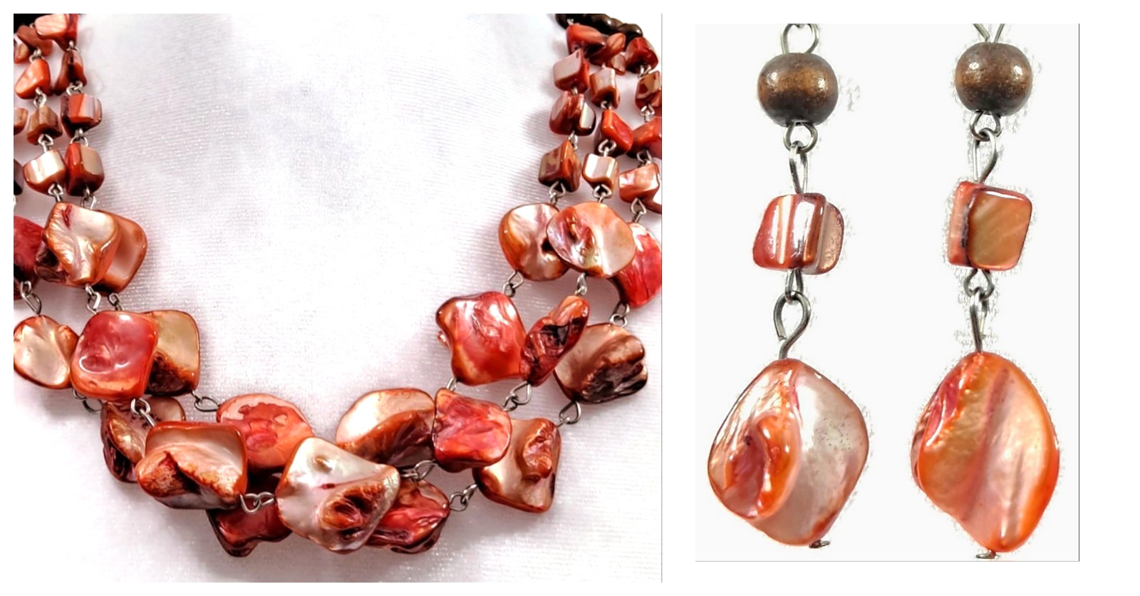 Iridescent Peach Mother of Pearl Shell 3-Strand Statement Necklace & Earring Set