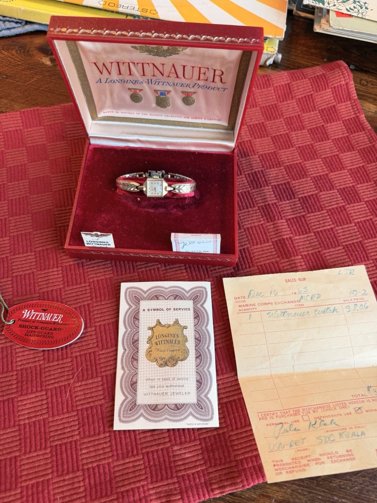 Vintage 1963 Wittnauer Ladies Watch Box Papers USMC Marine Corp Exchange Receipt