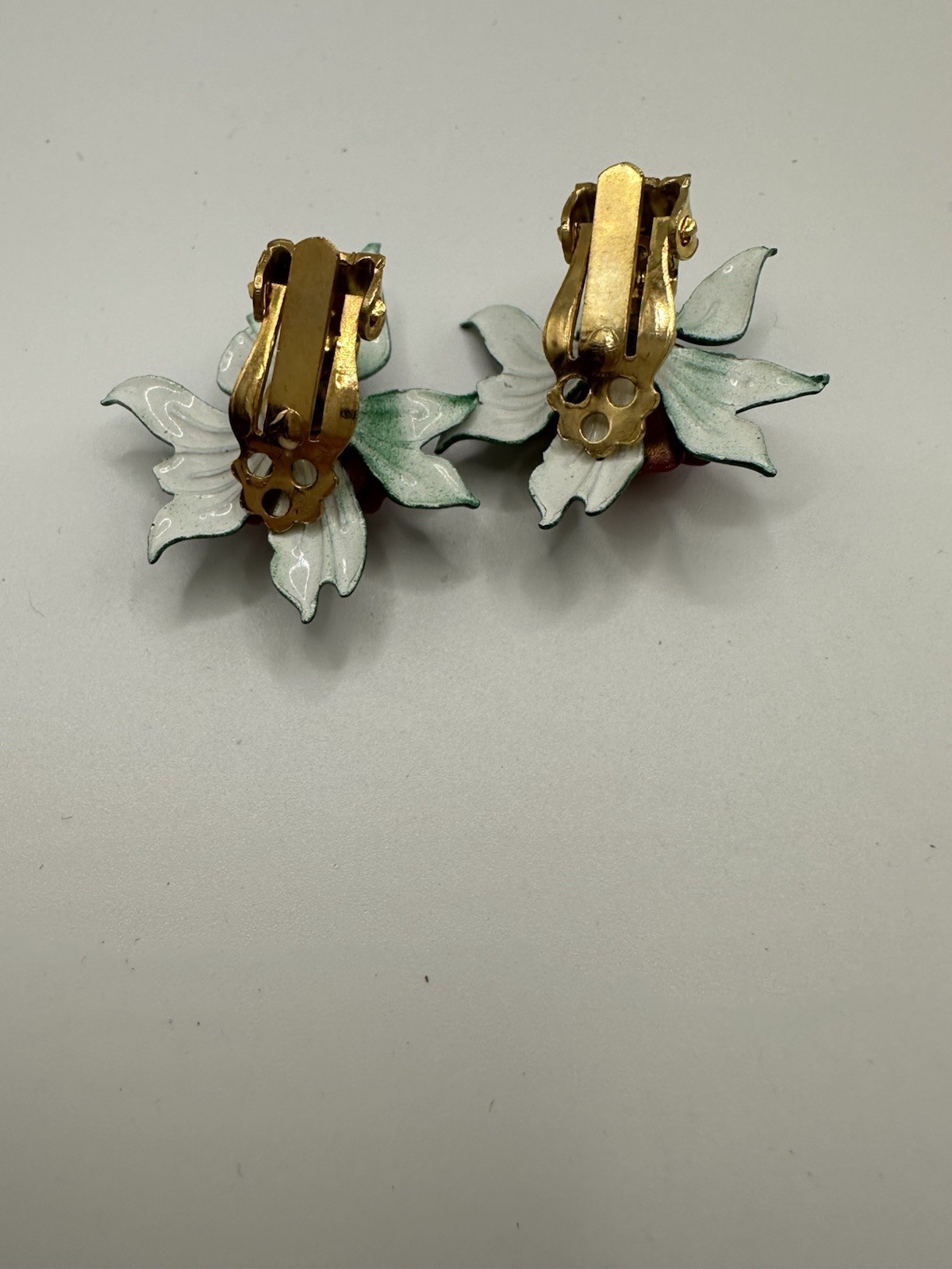 Vintage Metal and Enamel Red Rose Clip On Earrings 1”W