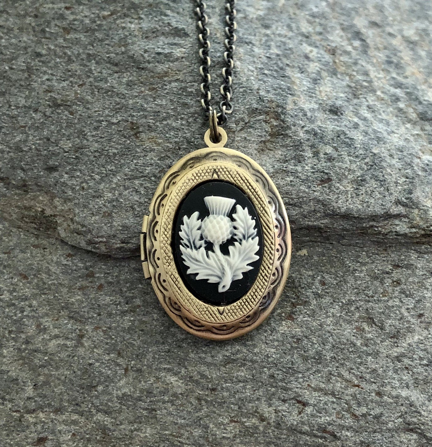 Thistle Cameo Locket Necklace, Scottish, Scotland National Emblem, Celtic, Brass
