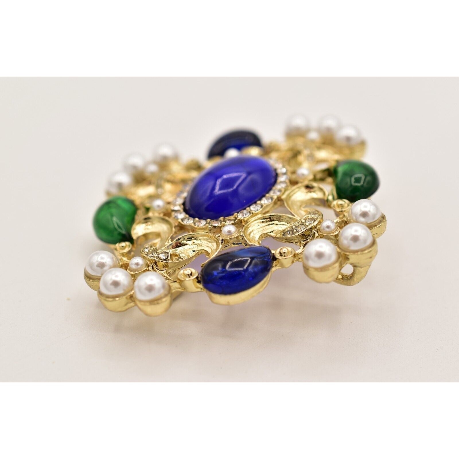 Vintage Cabochon Brooch Pin Faux Pearl White Blue Green Gold Chunky 1990s BinBG