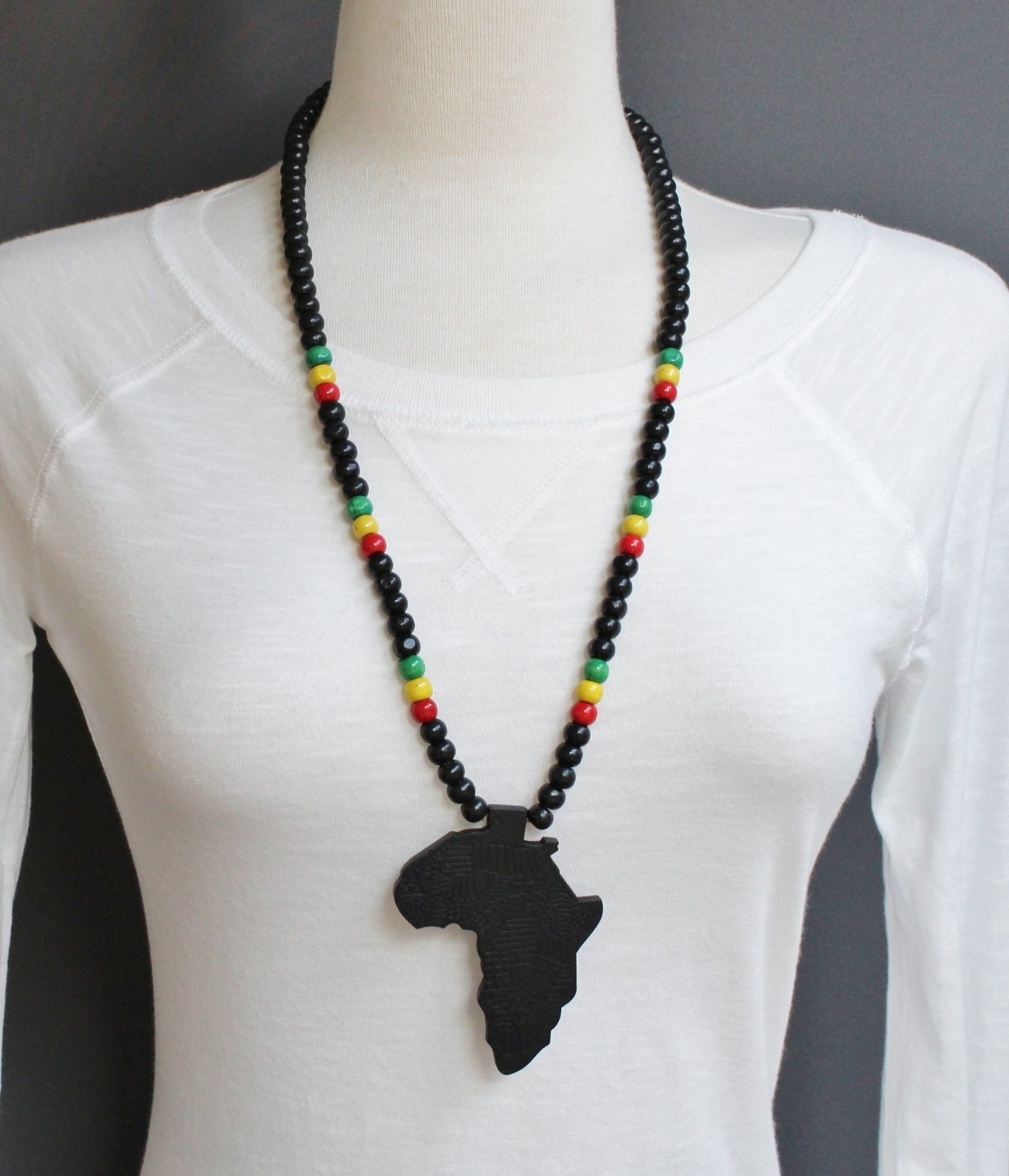Black wooden africa pendant necklace beads chain african map continent wood long