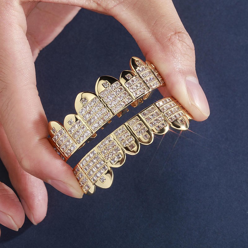 14K GP HipHop Teeth Dental Caps Grillz PrincessCut Grills Set W/ Wax Real CZ