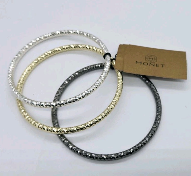 Monet Bangle Bracelet set of 3 Black Silver Gold Over the wrist OSFM