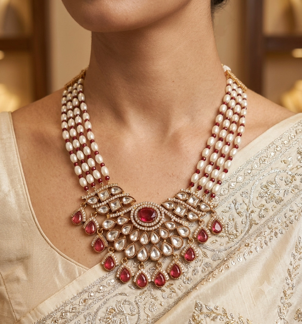Arishfa Bridal Ruby Red Kundan Pearl Necklace Set with Earrings Roz Jewellers.