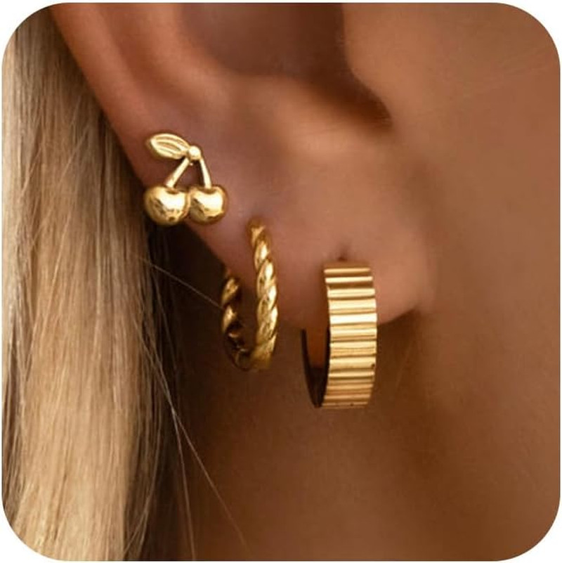 Gold Hoop Earrings for Women，Chunky 14K Gold Plated Trendy Cz Pearl Dangle Huggi