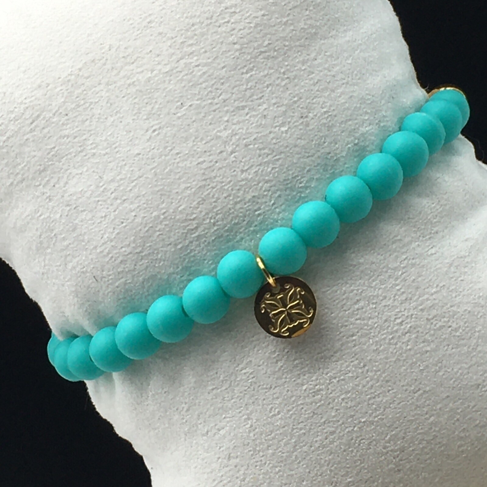 Rustic Cuff Mini Melanie Gold Tone Bracelet Teal Silicone Beaded Charm Logo