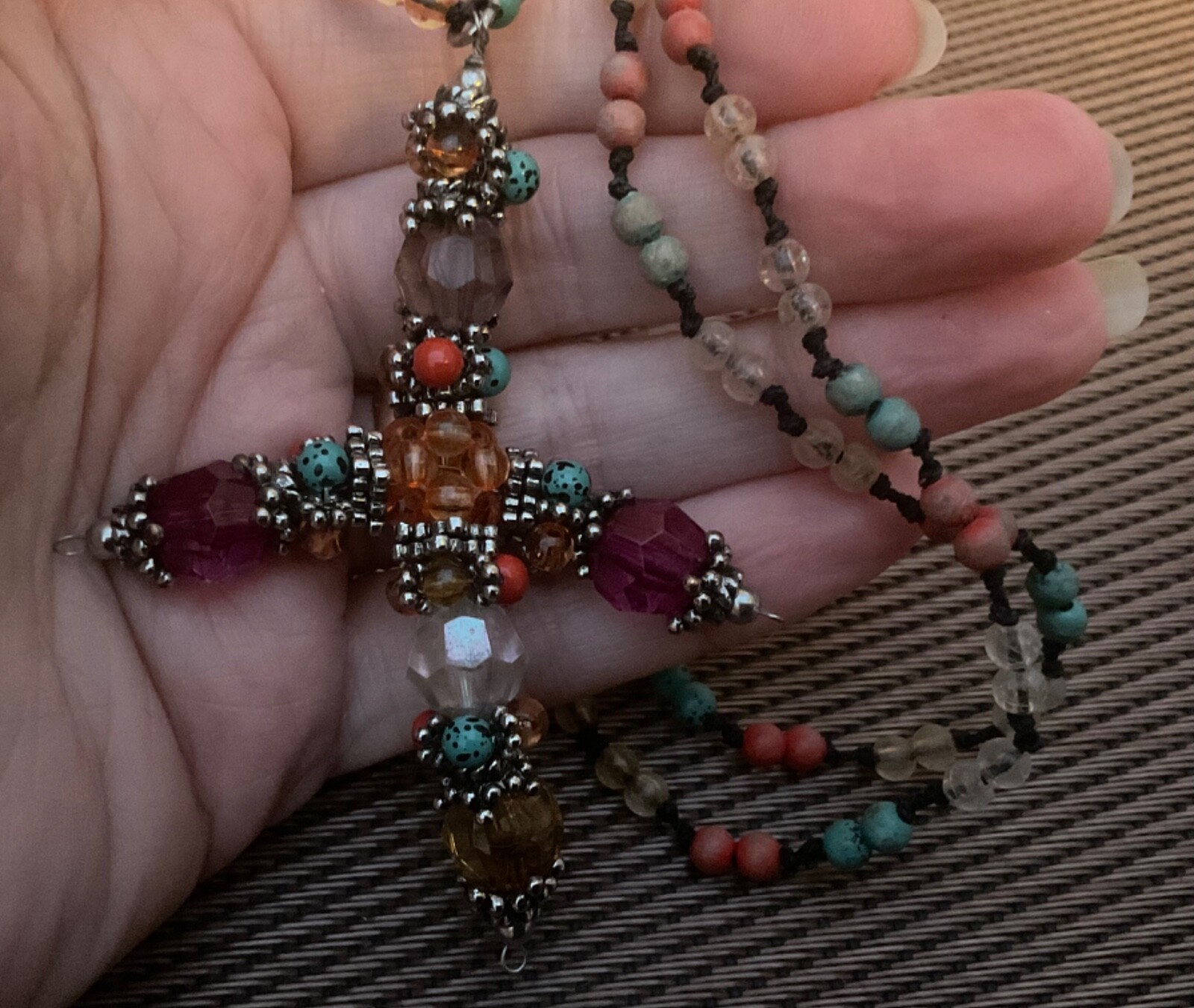Handmade Beaded Multi Colour Necklace with Pendant approx 24inch