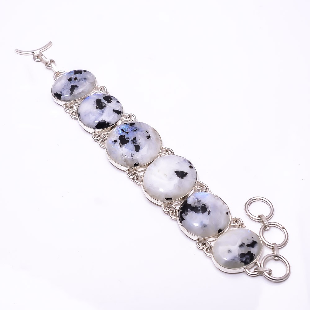 Rainbow Moonstone With Black Tourmaline 925 Sterling Silver Bracelet 7.99″ B3
