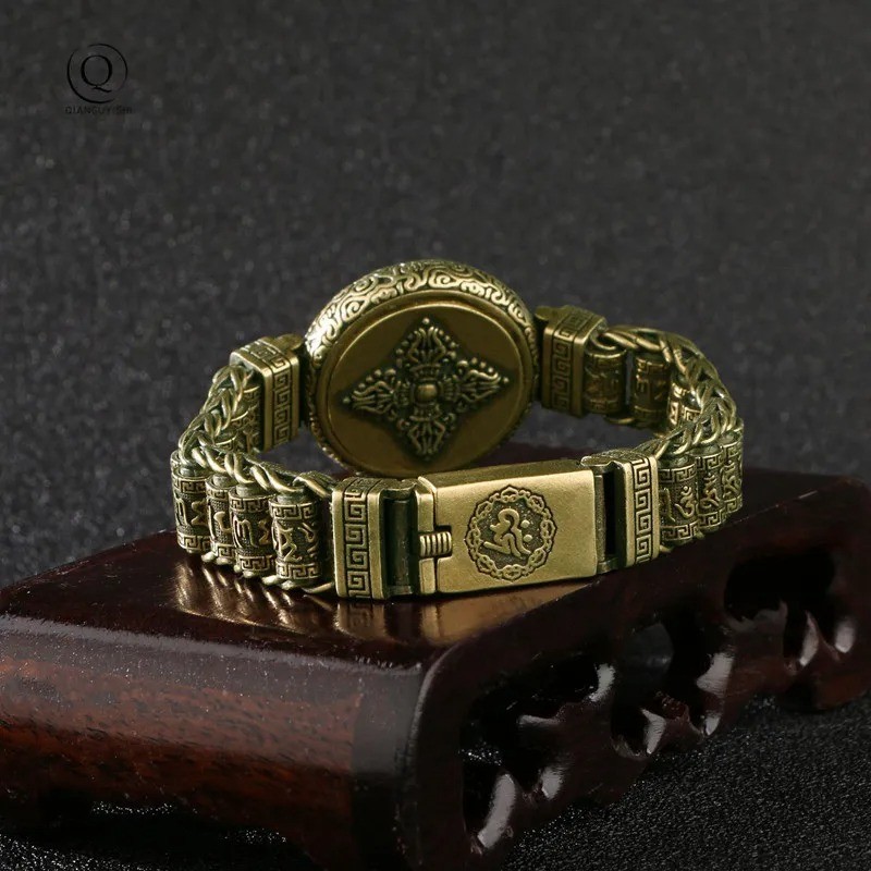 Pure Copper Buddhist Mantra Cuff Bangle Rotating Brass Lucky Bracelet Spiritual
