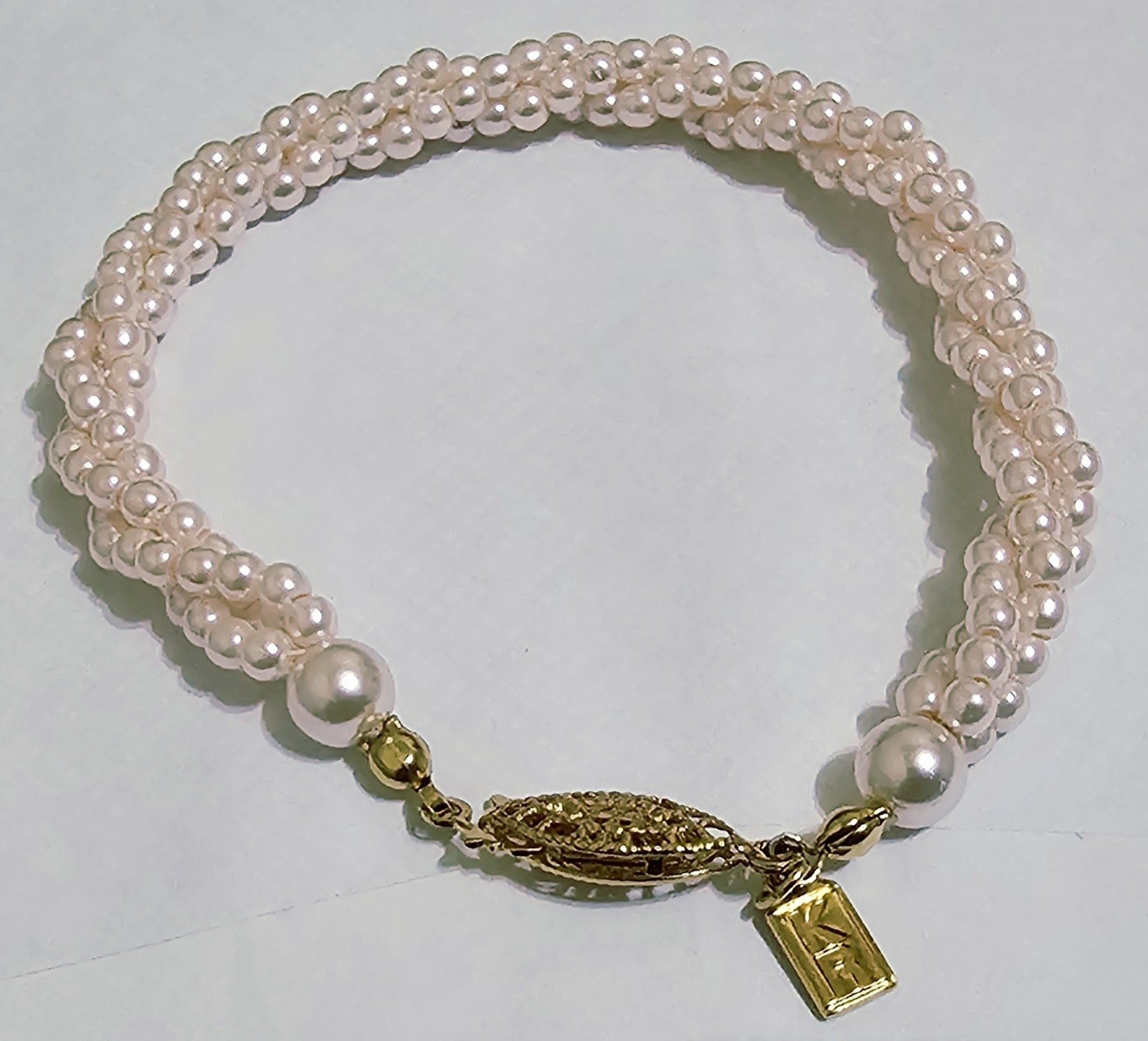 Soft Pink & White 3 Strand Faux Pearl Bracelet Fits Approx 6″ To 6 1/2″ Signed