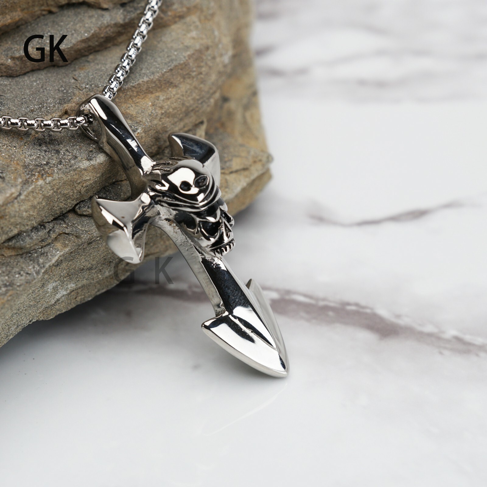 GK Punk Biker Stainless Steel Nautical Skull Cross Pirate Pendant Necklace Chain
