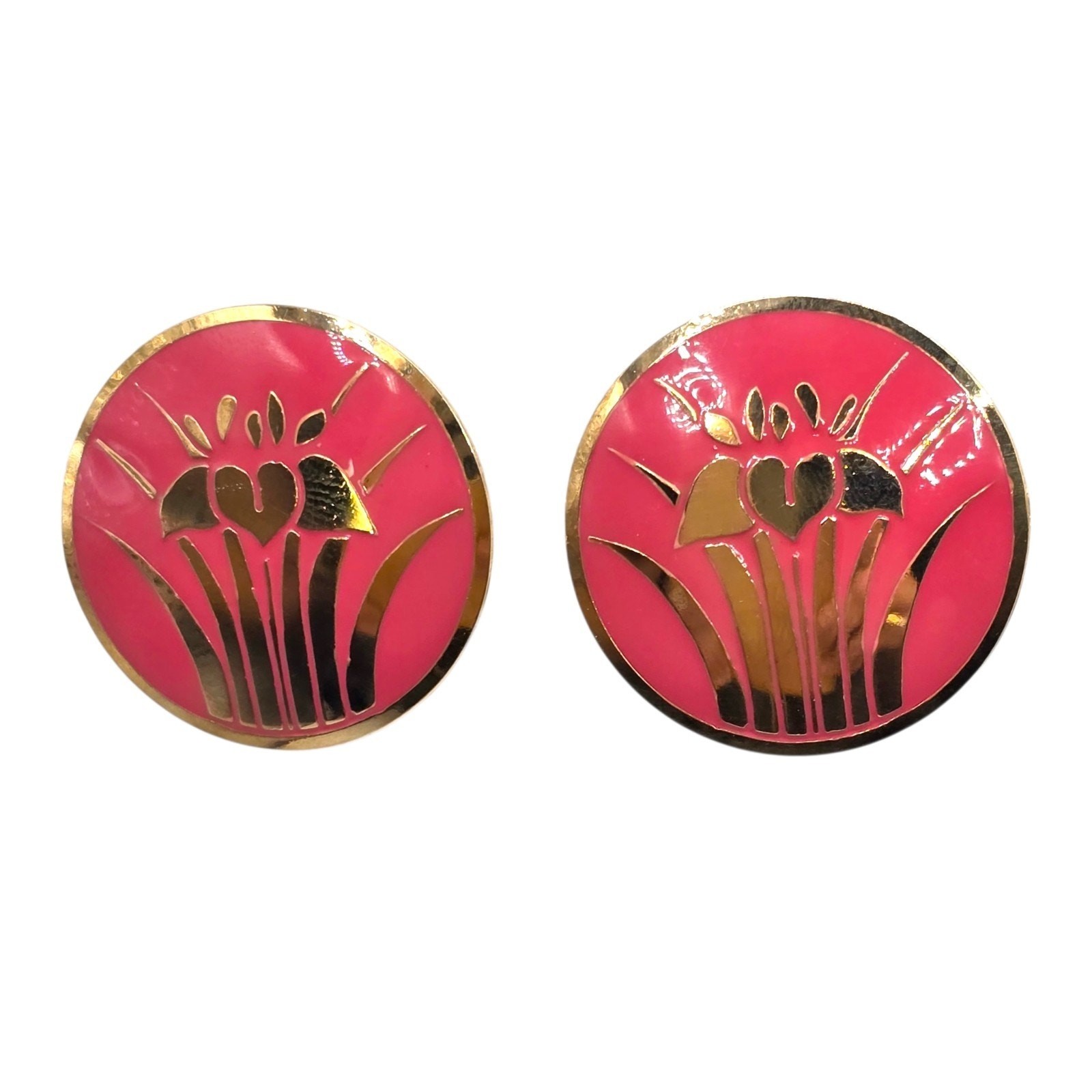 Vintage Lily Earrings Leaf Plant Floral Iris Flower Gold Tone Round Clip Ons