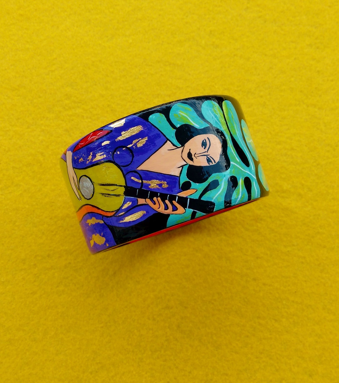 Painted Wood Boho statement Bangle Bracelet inspired by Matisse Art Gift for her