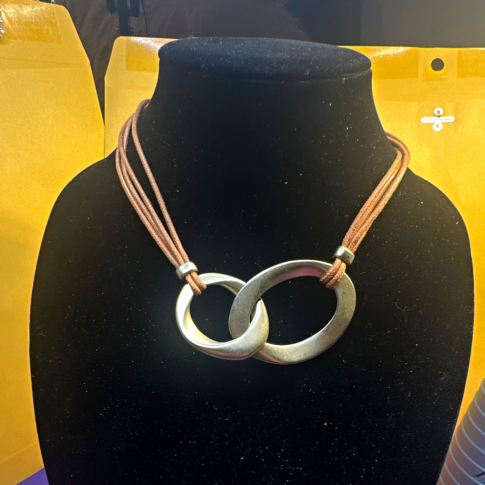Alfani Silver Tone Double Ring Pendant Brown Faux Leather Cord, Adjustable