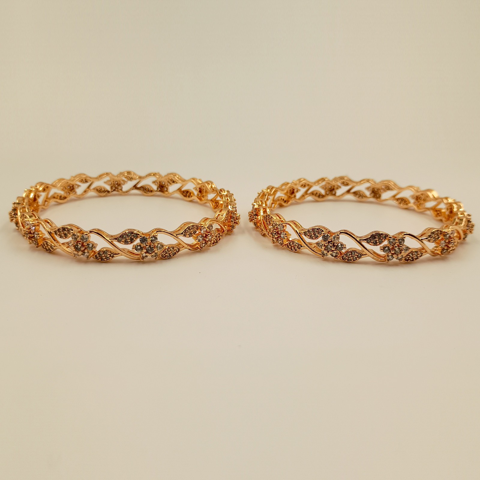 Cubic Zirconia 22k Rose Gold Plated Bangle, CZ American Diamond Bracelet 2 Pcs K