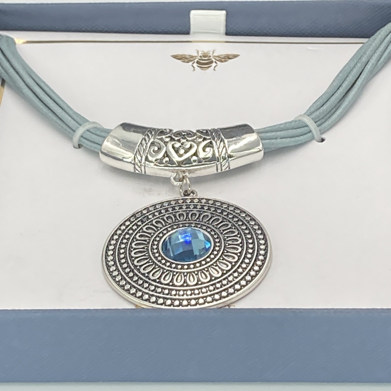 Statement Necklace Silver Tone Medallion Pendant Blue Faux Gem Cord New in Box