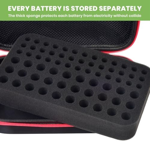 Battery Organizer Case for AA AAA Batteries, Storage Holder Box with Mesh Red
