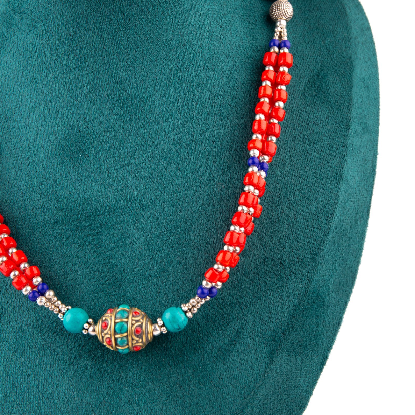 Tibetan Necklace, Red Coral Turquoise Lapis Lazuli Beads, Traditional Jewelry,