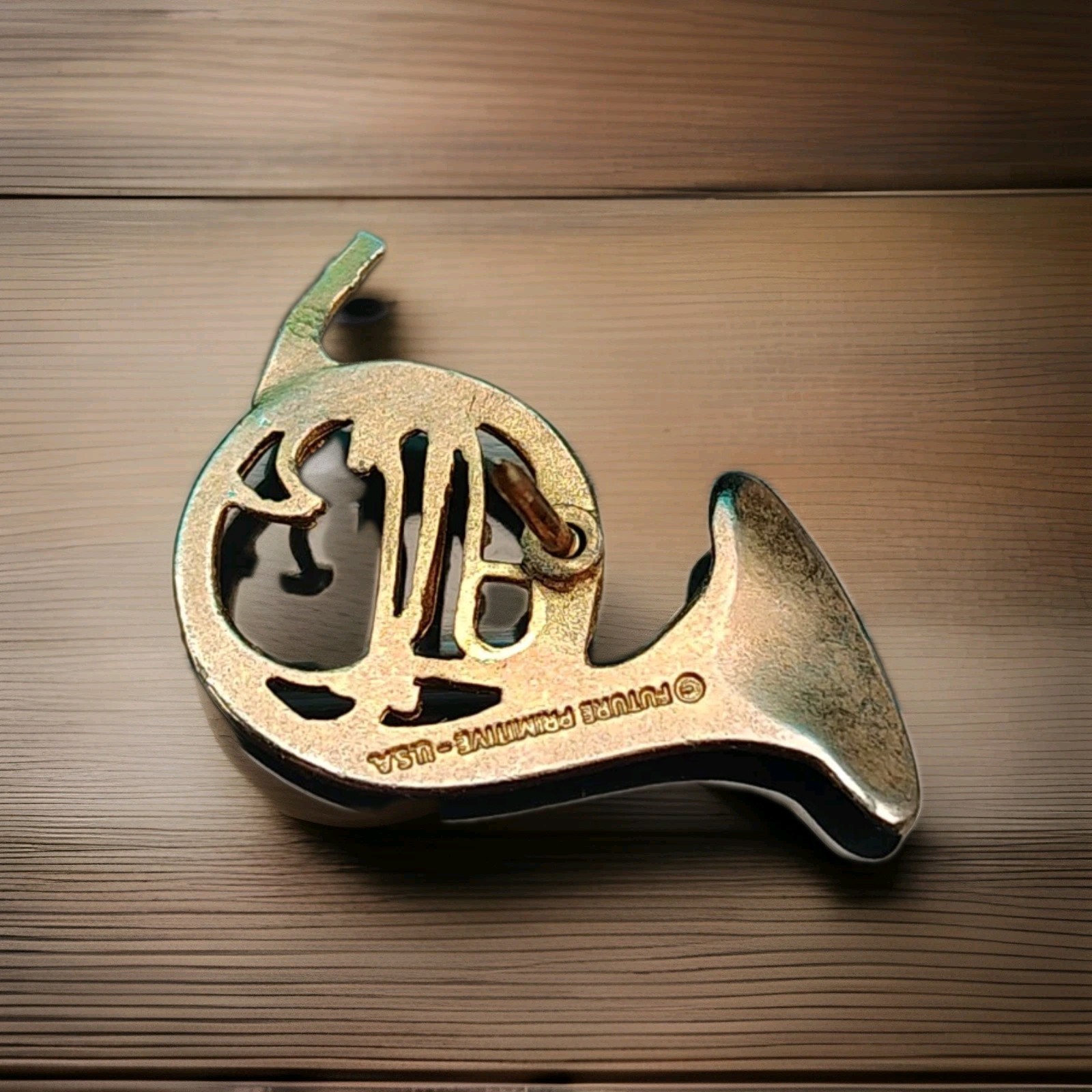 Vintage Brass French Horn Pin Future Primitive USA Music Lapel Brooch Gift Jewel