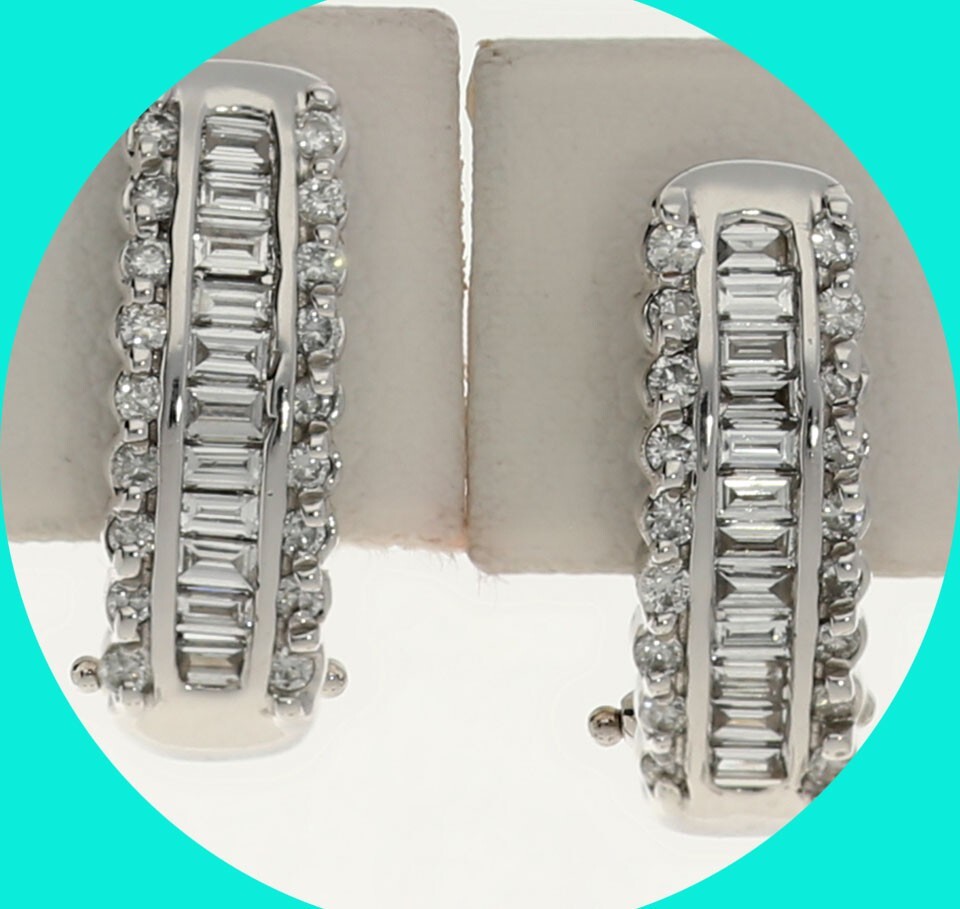 Diamond J Hoop Earrings .90CT 14K White Gold 11/16” Long