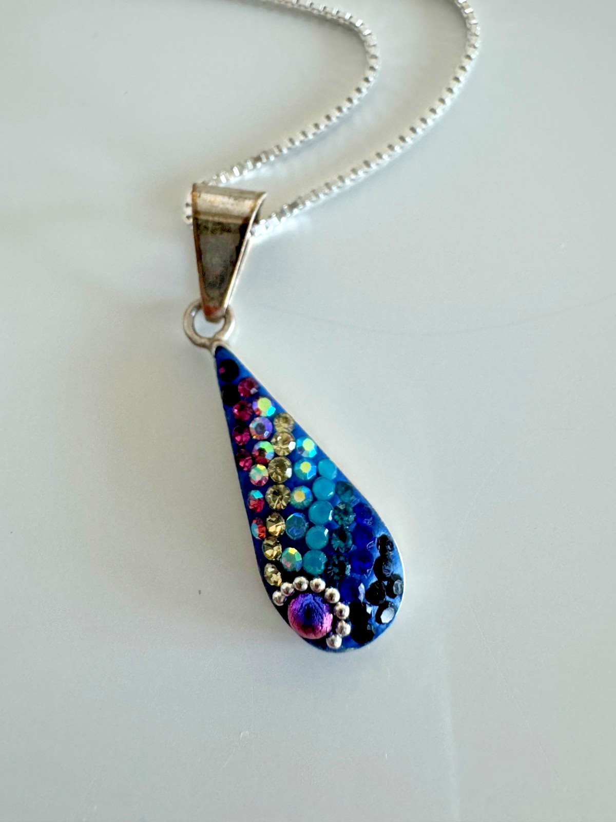 Mosaico Sterling Silver Mosaic Teardrop Pendant W/Chain- dichroic glass/crystal