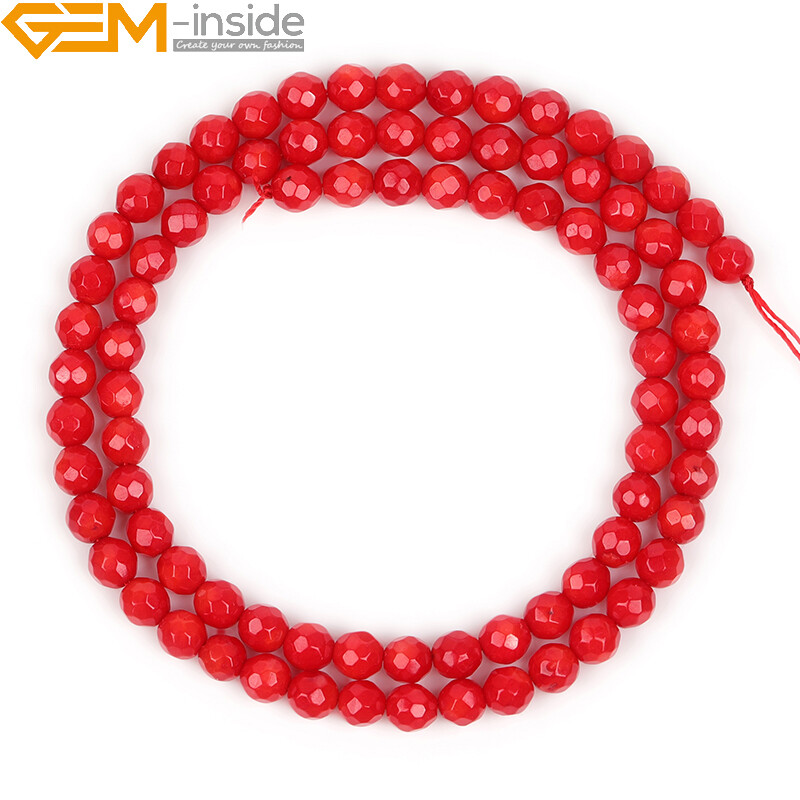 Faceted Red Coral Beads 15″ – Dyed Round Loose Gemstone Jewelry Making Strand”