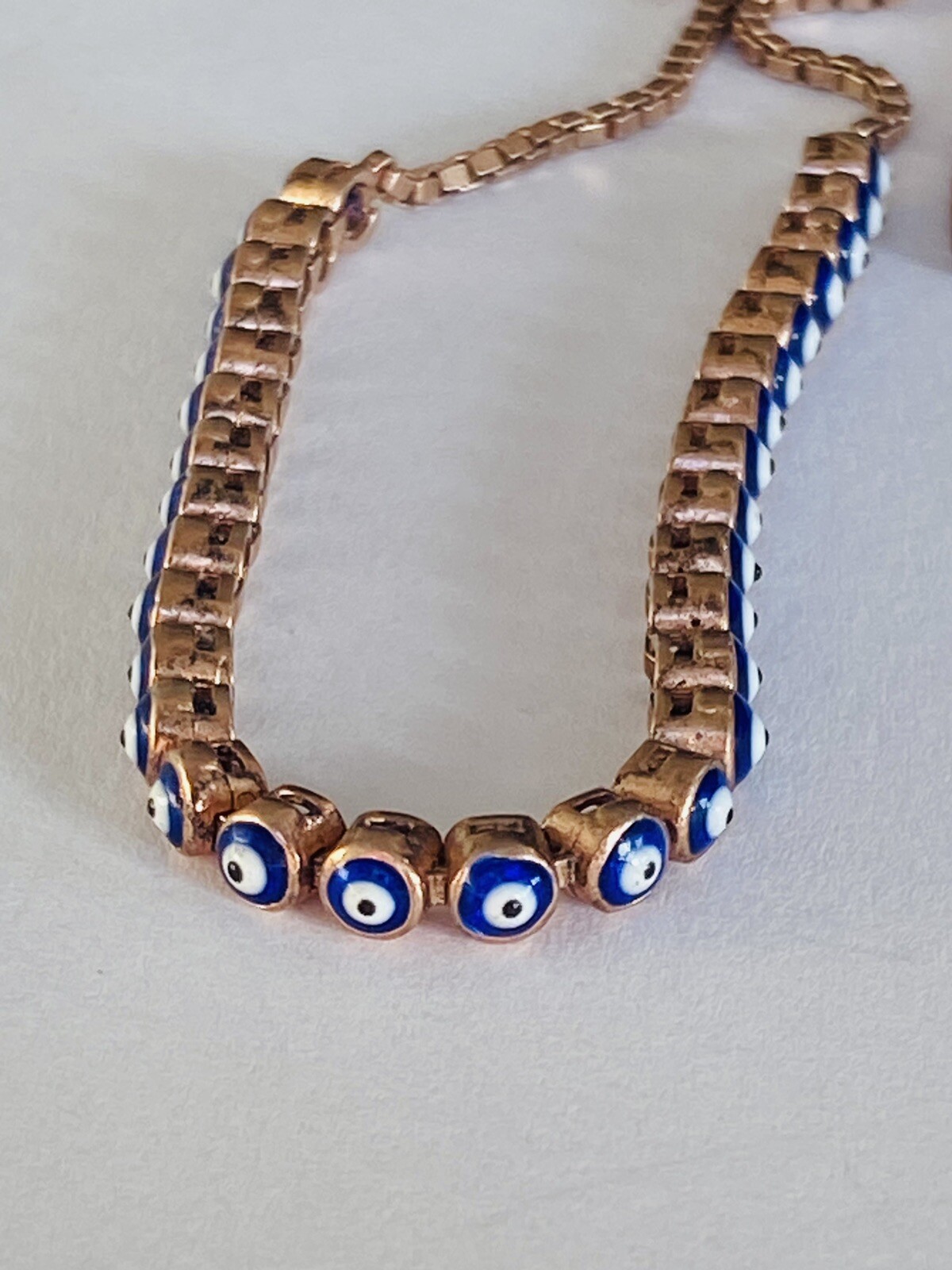925 Sterling Silver Rose Gold Color Vermeil Evil eye Link Chain Bolo Bracelet