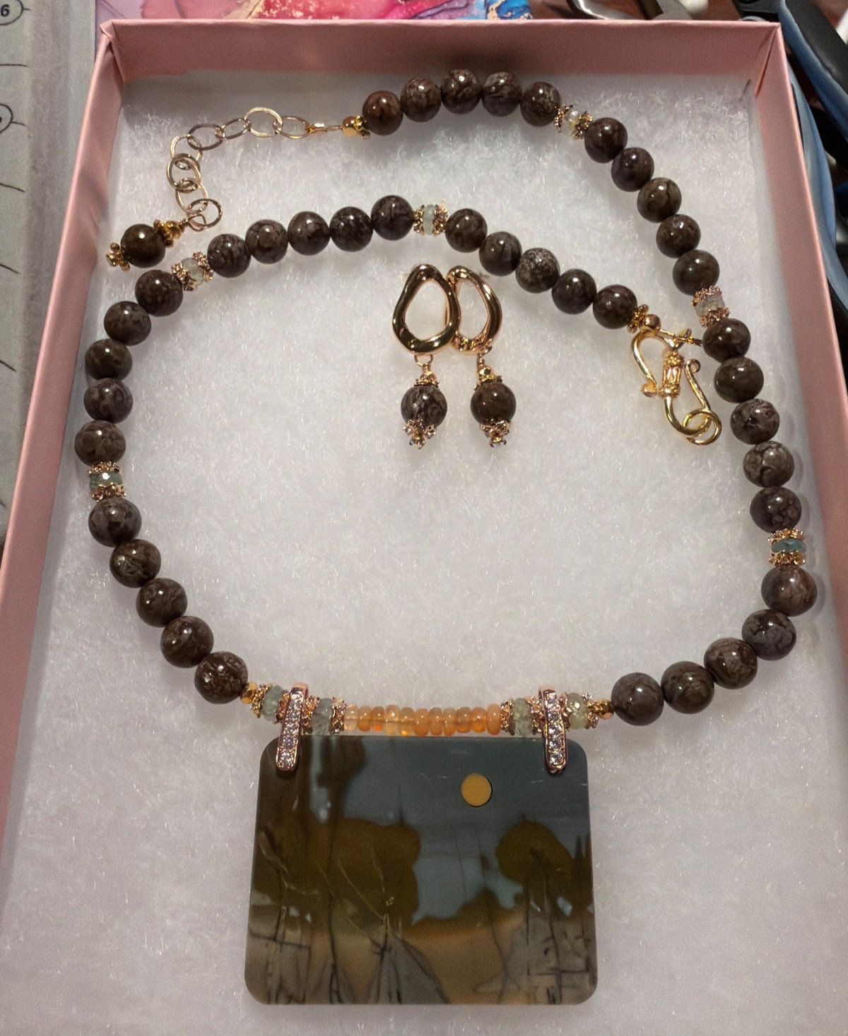 CHERRY CREEK JASPER PENDANT MOOKAITE MOON NECKLACE 18 K GF EARRINGS