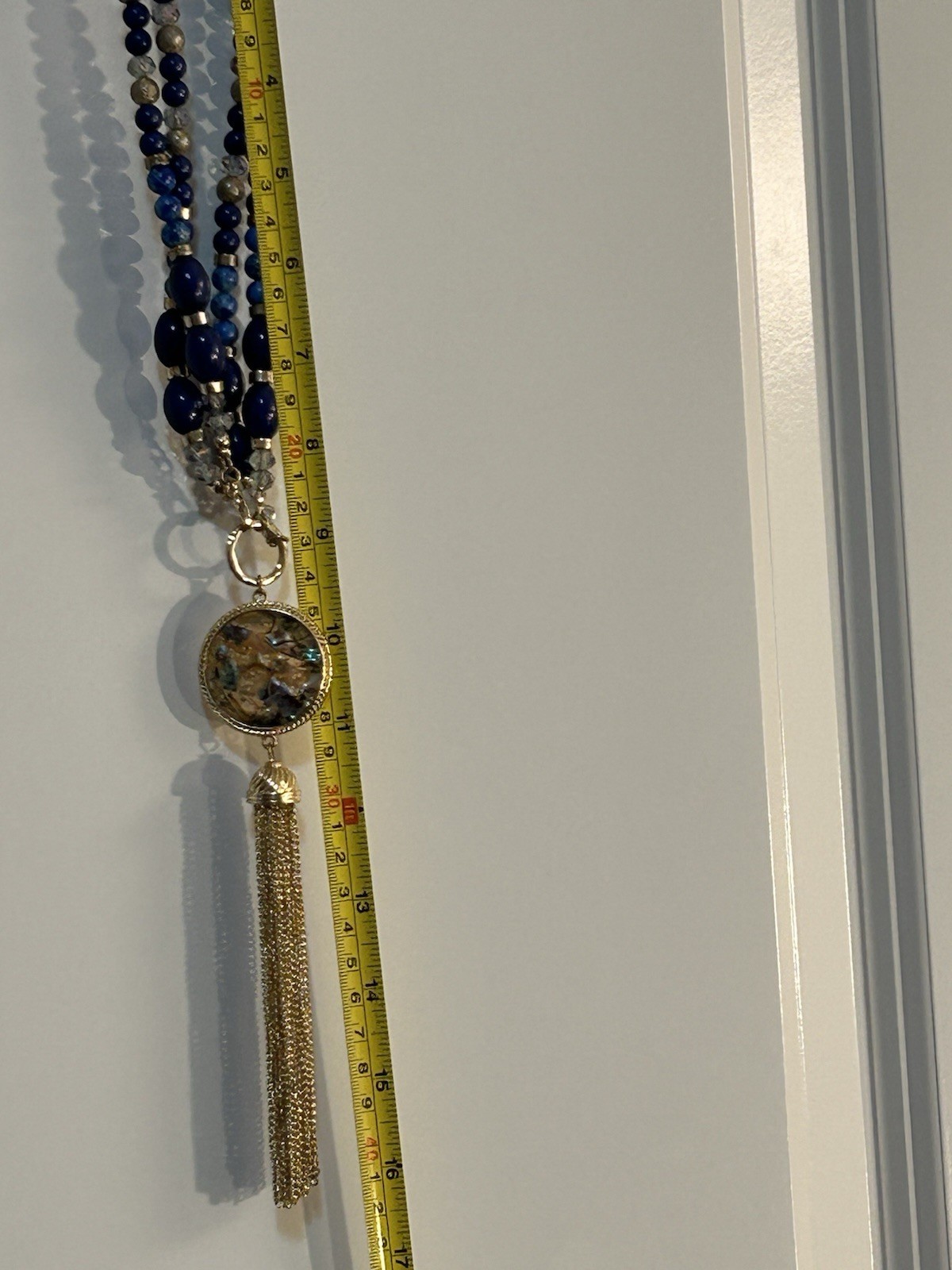 Beaded Necklace Blue/Gold/Clear Beads Ornate Gold-Tone Abolone Pendant & Tassel