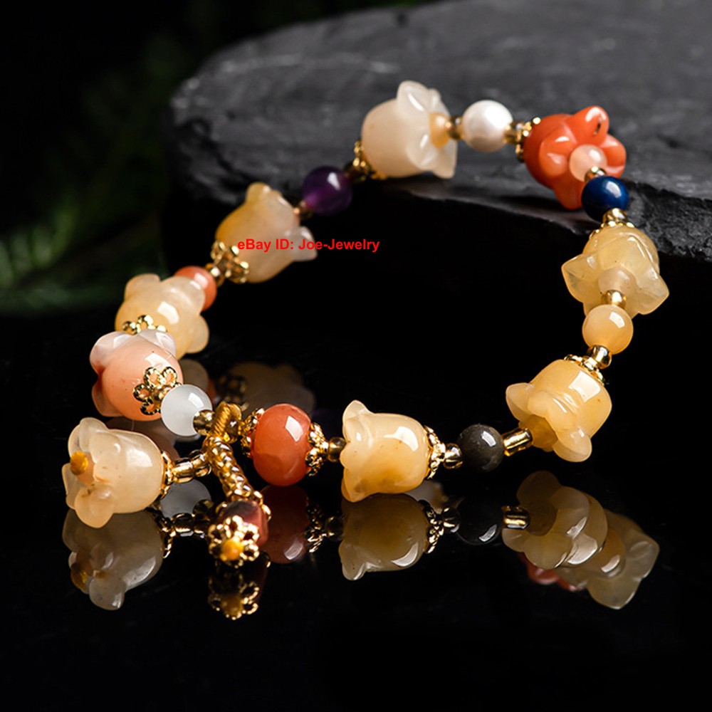 NEW Natural Chinese Jinsi Yu Jade Yellow Orchid Bead Stretch Bracelet 14-16cm