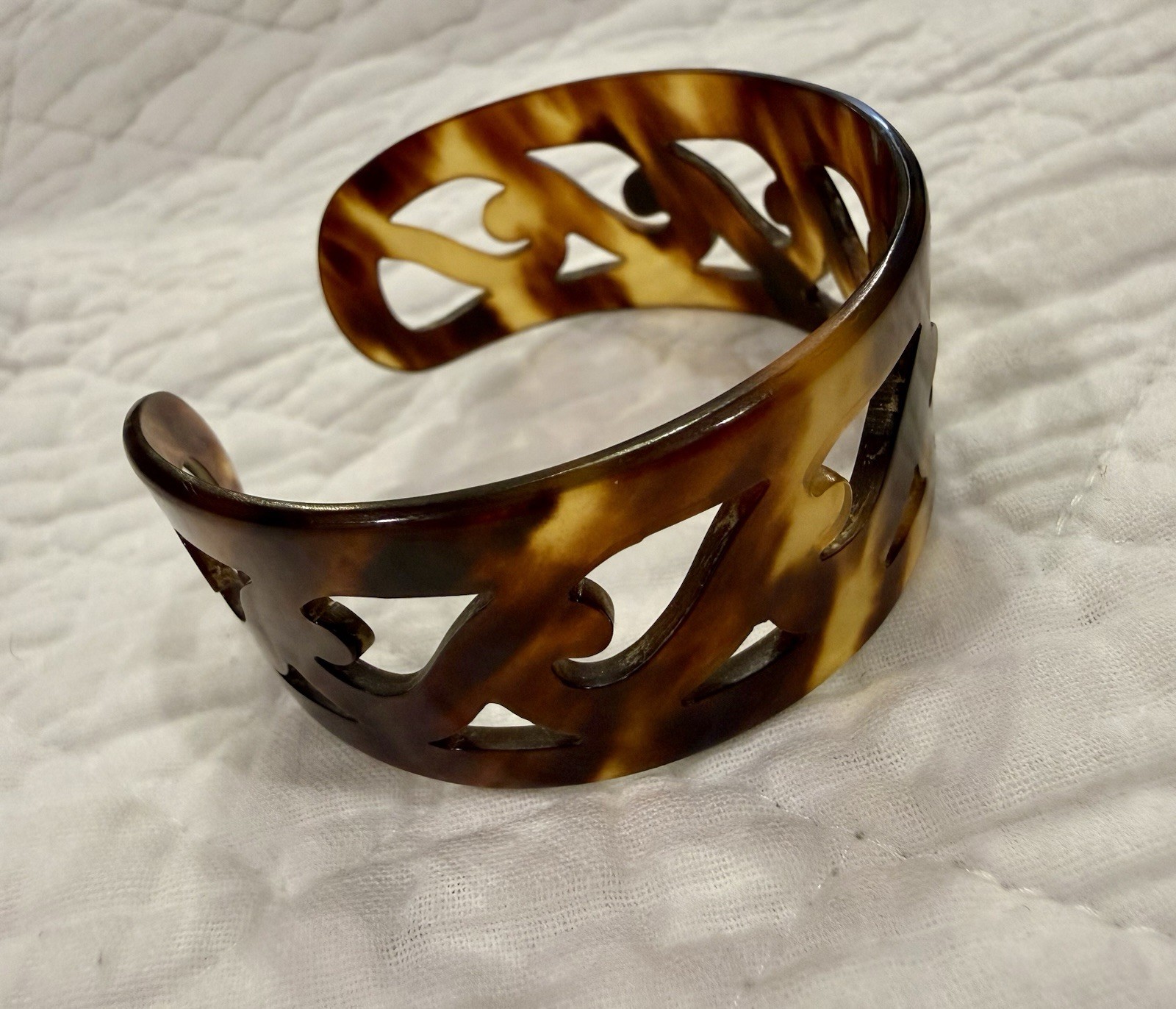 1970’s Faux Brown Shell Cuff Bracelet Carved Design 7.25” Whimsical Boho Cuff