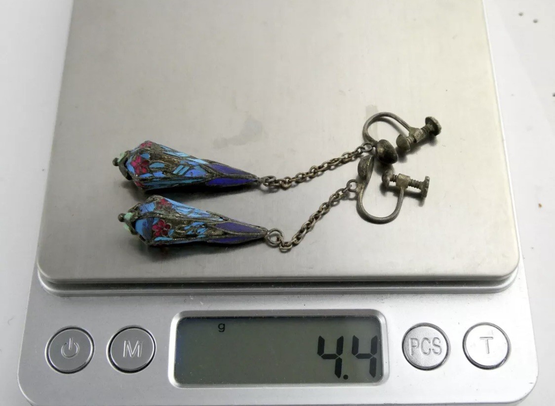 Rare Antique Chinese Kingfisher Bird Feather Silver Drop Dangle Earrings