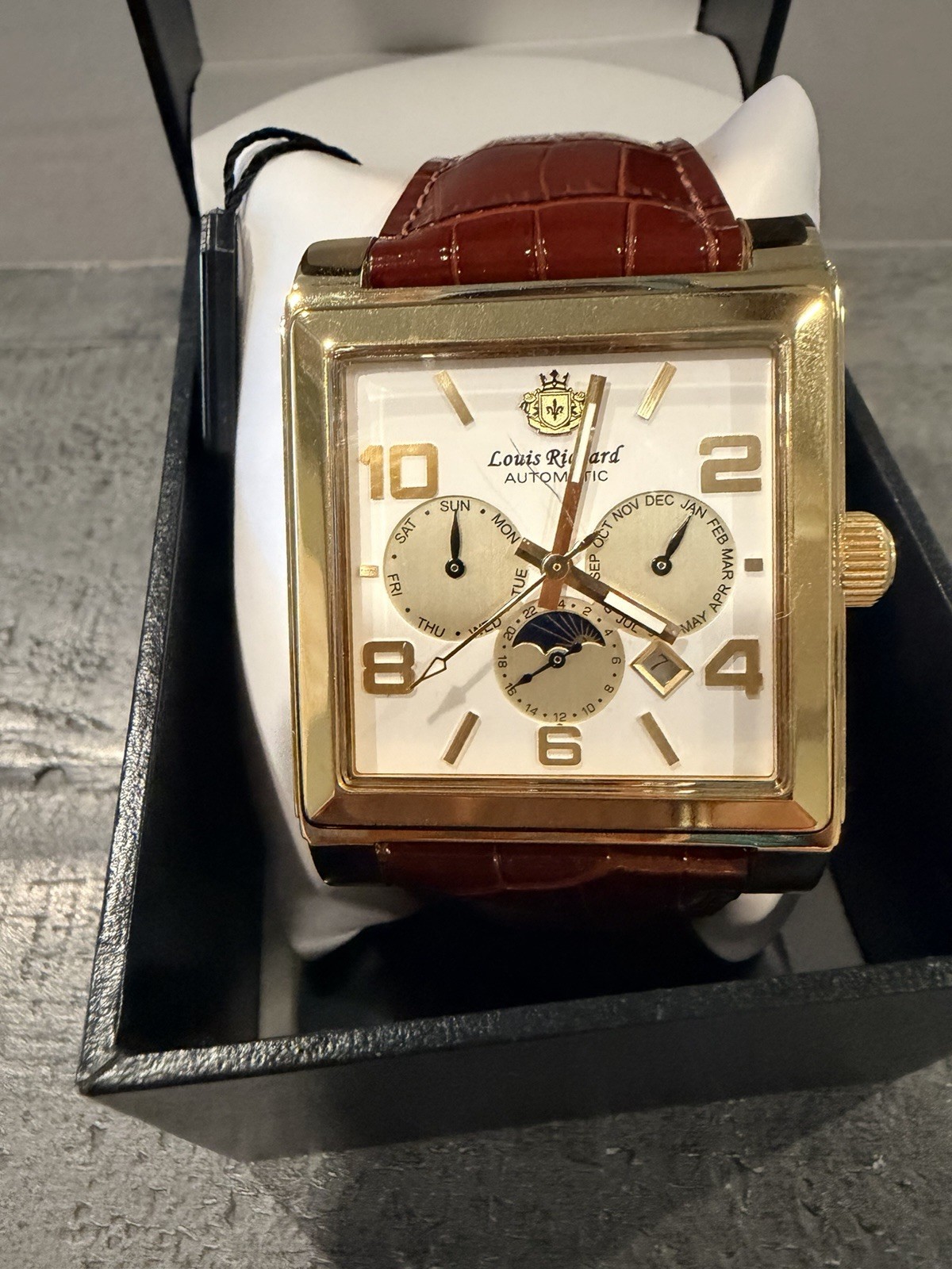 Louis Richard Automatic Dial Gold Tone Watch Brown Leather Moon Phase Date